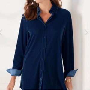 ✨ Soft Surroundings Navy Blue Velvet Button Front Shirt Medium